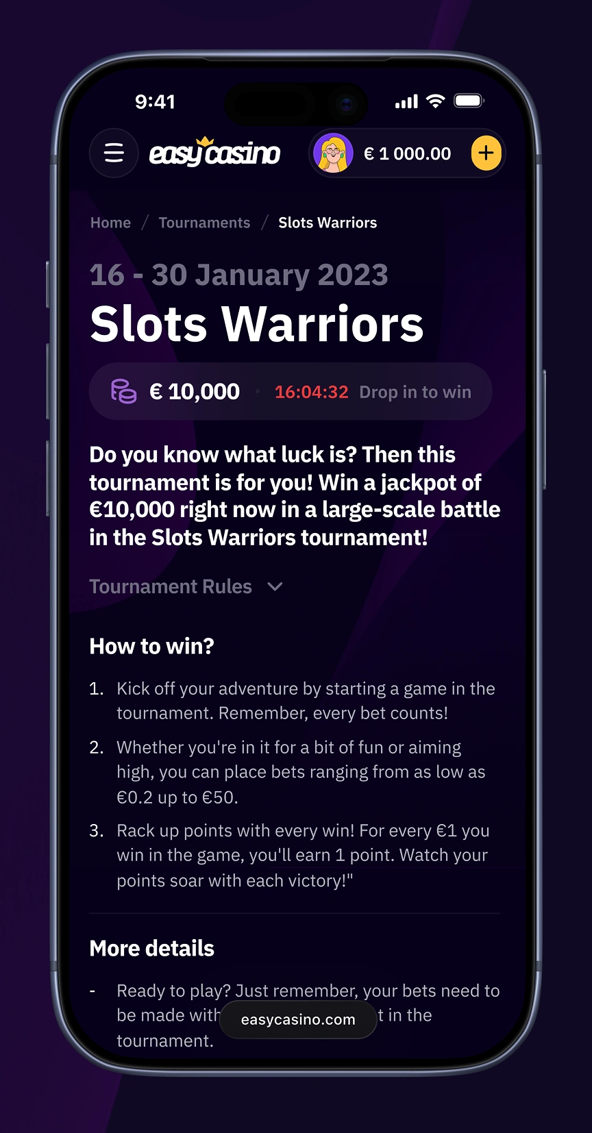 Easy Casino mobile tournament page showing How to Win steps and additional details.