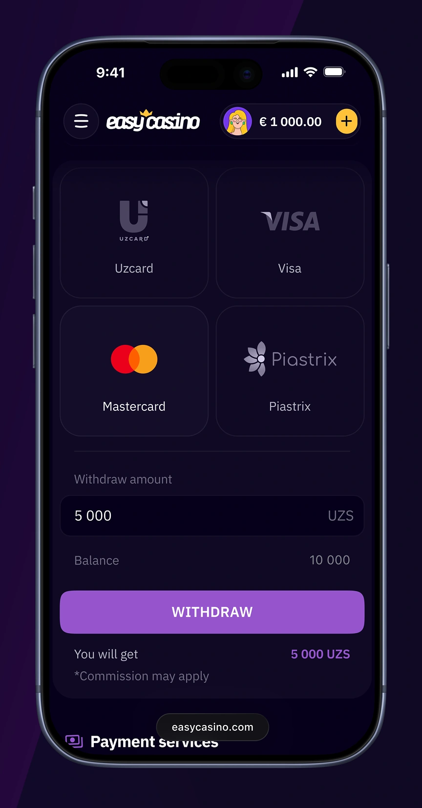 Easy Casino mobile deposit screen with payment methods, preset amounts, and deposit limits.