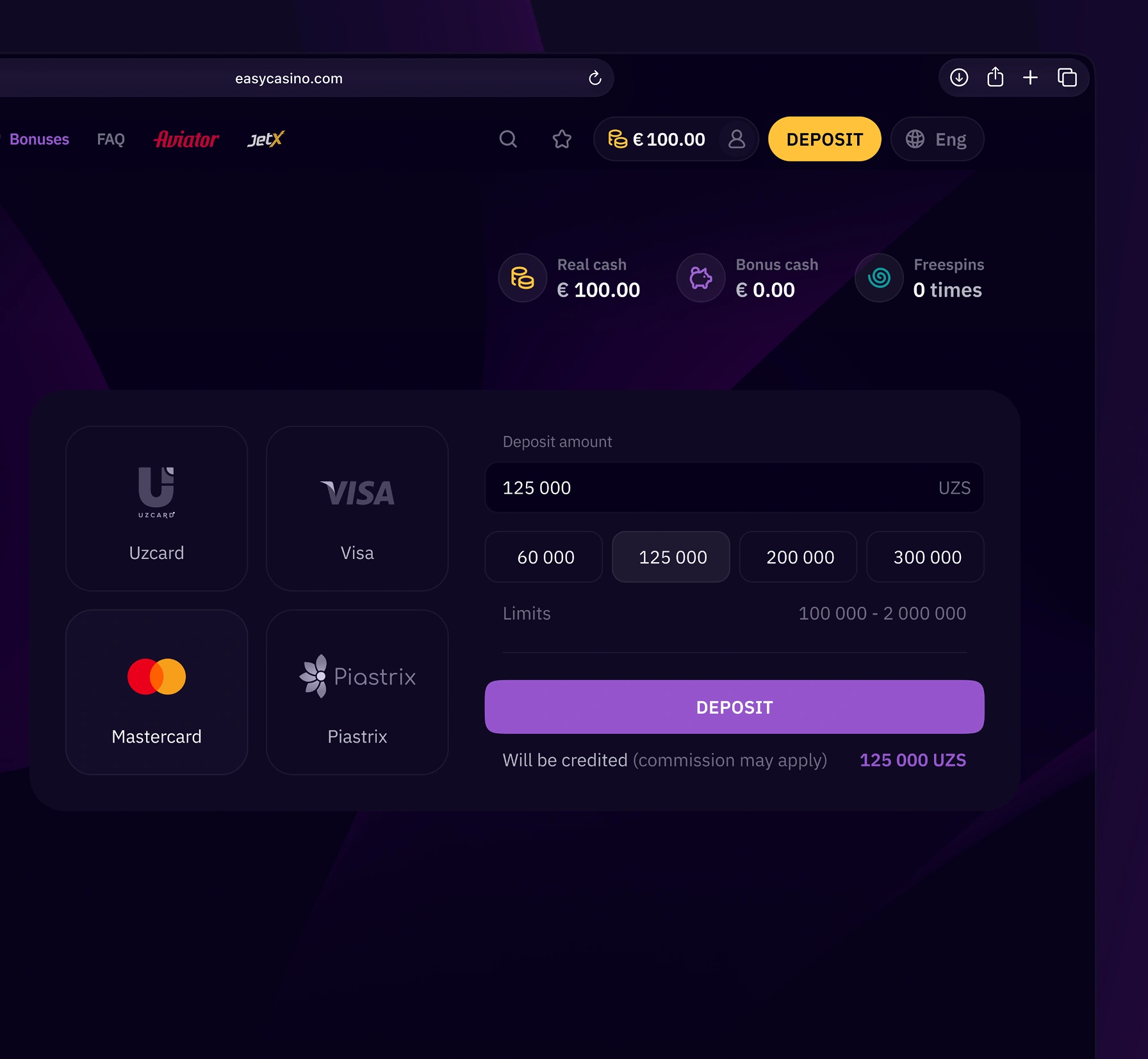Easy Casino deposit screen with payment method icons, preset amounts, and deposit limits shown.