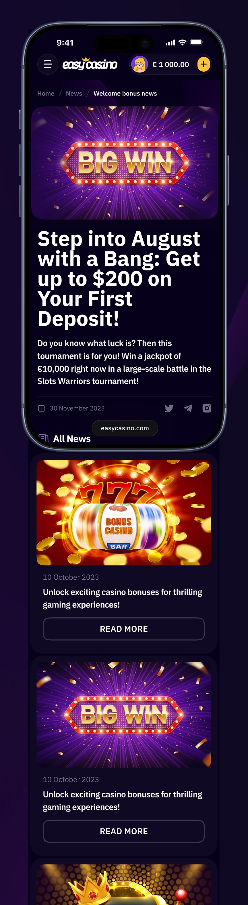 Easy Casino mobile news article page with share icons and related news cards.