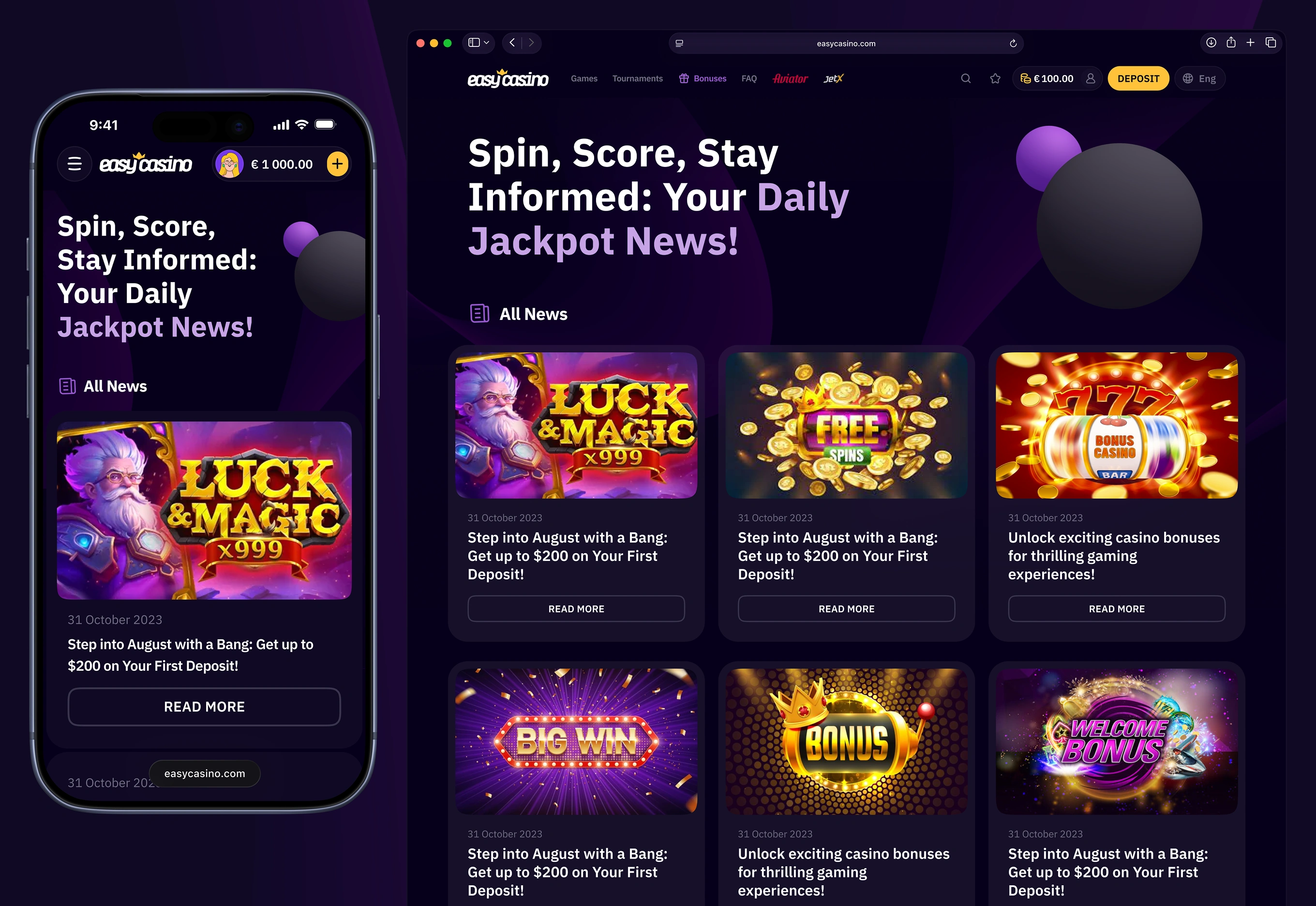 Easy Casino news page grid showing dated promotional articles and read more buttons.