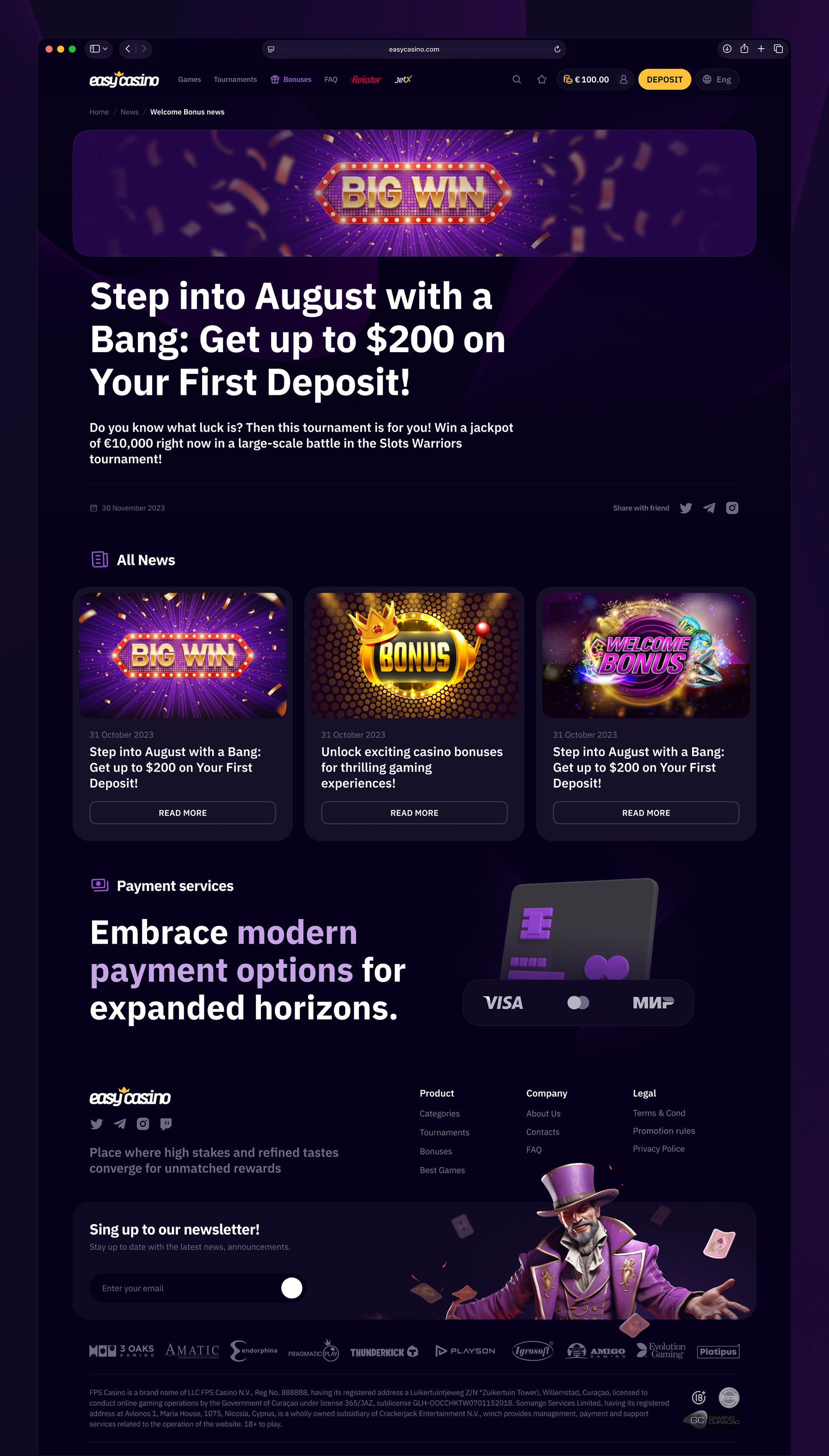 Easy Casino news article detail page with share icons and related news cards.
