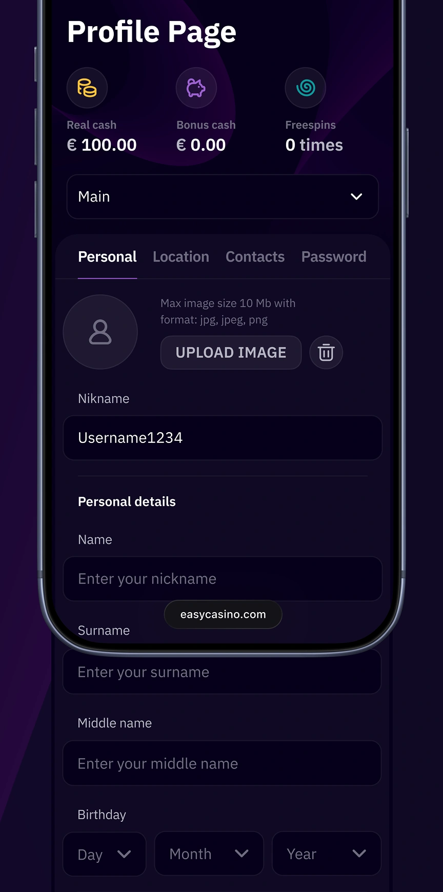 Easy Casino mobile profile page with personal information fields and photo upload.