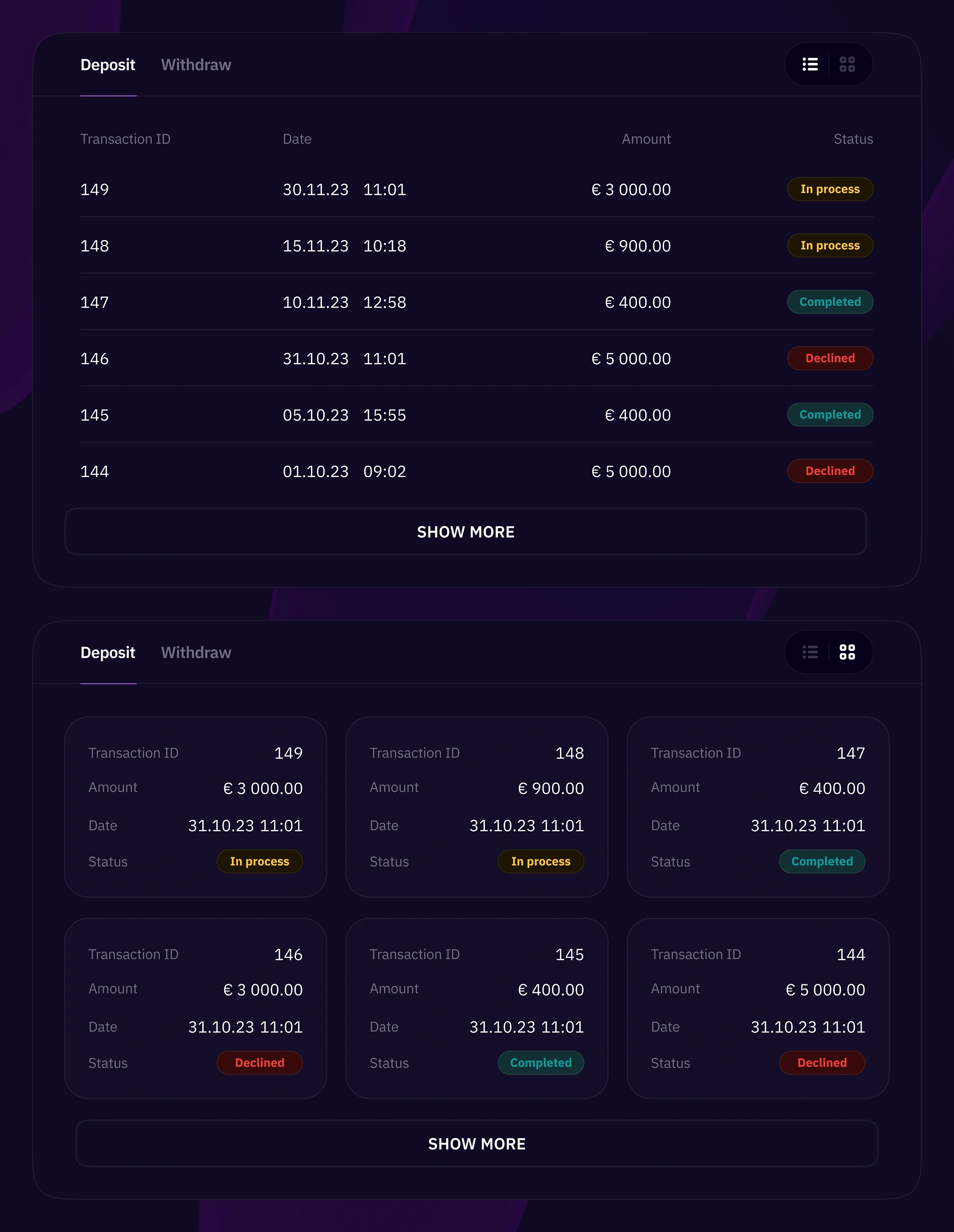 Easy Casino transaction history list showing deposit and withdraw status for each entry.