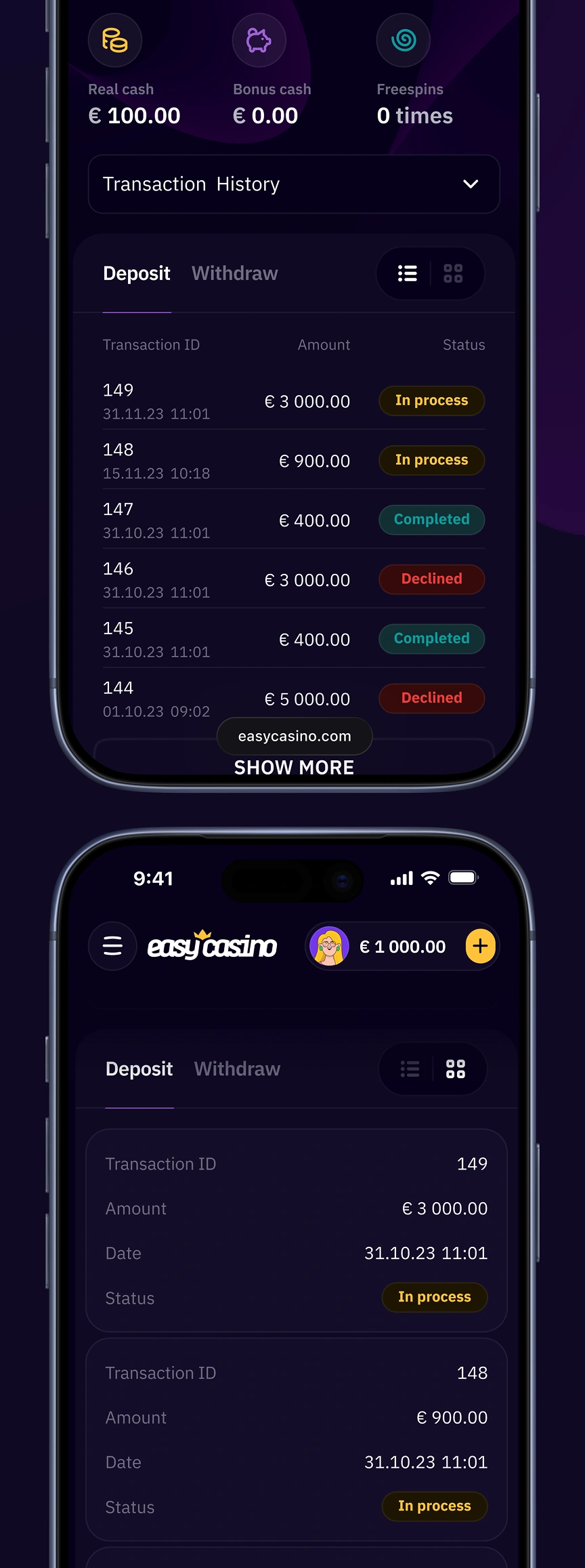 Easy Casino mobile transaction history with deposit and withdrawal statuses for each entry.