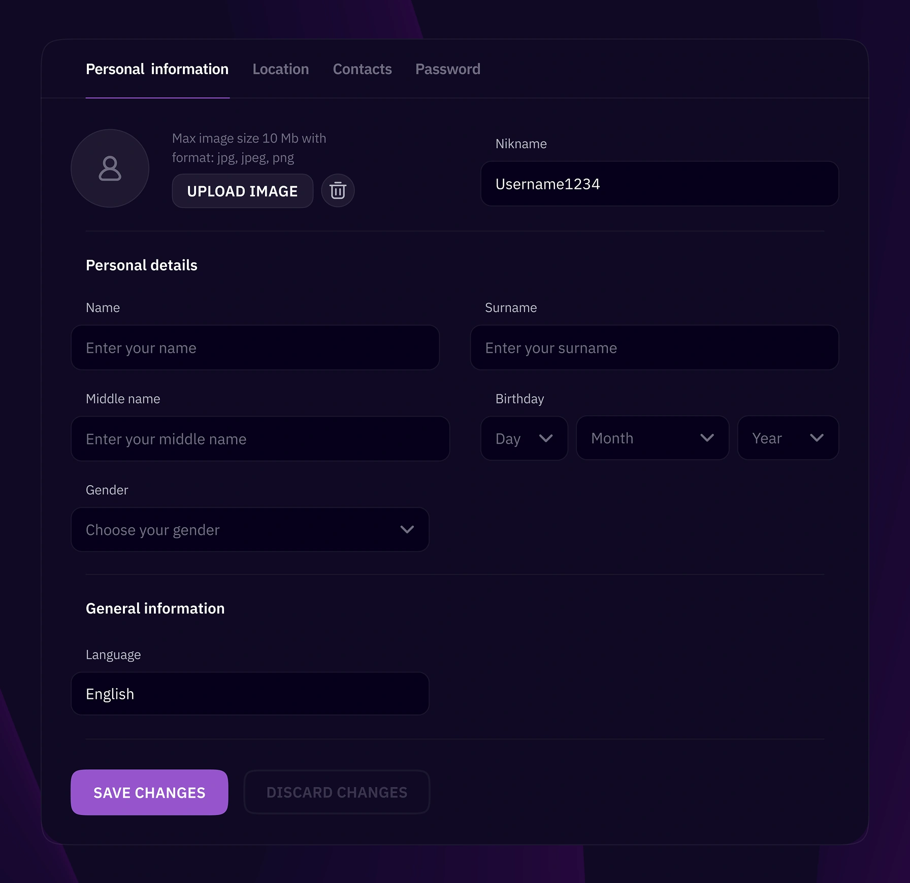 Easy Casino profile page with personal information form fields and photo upload.
