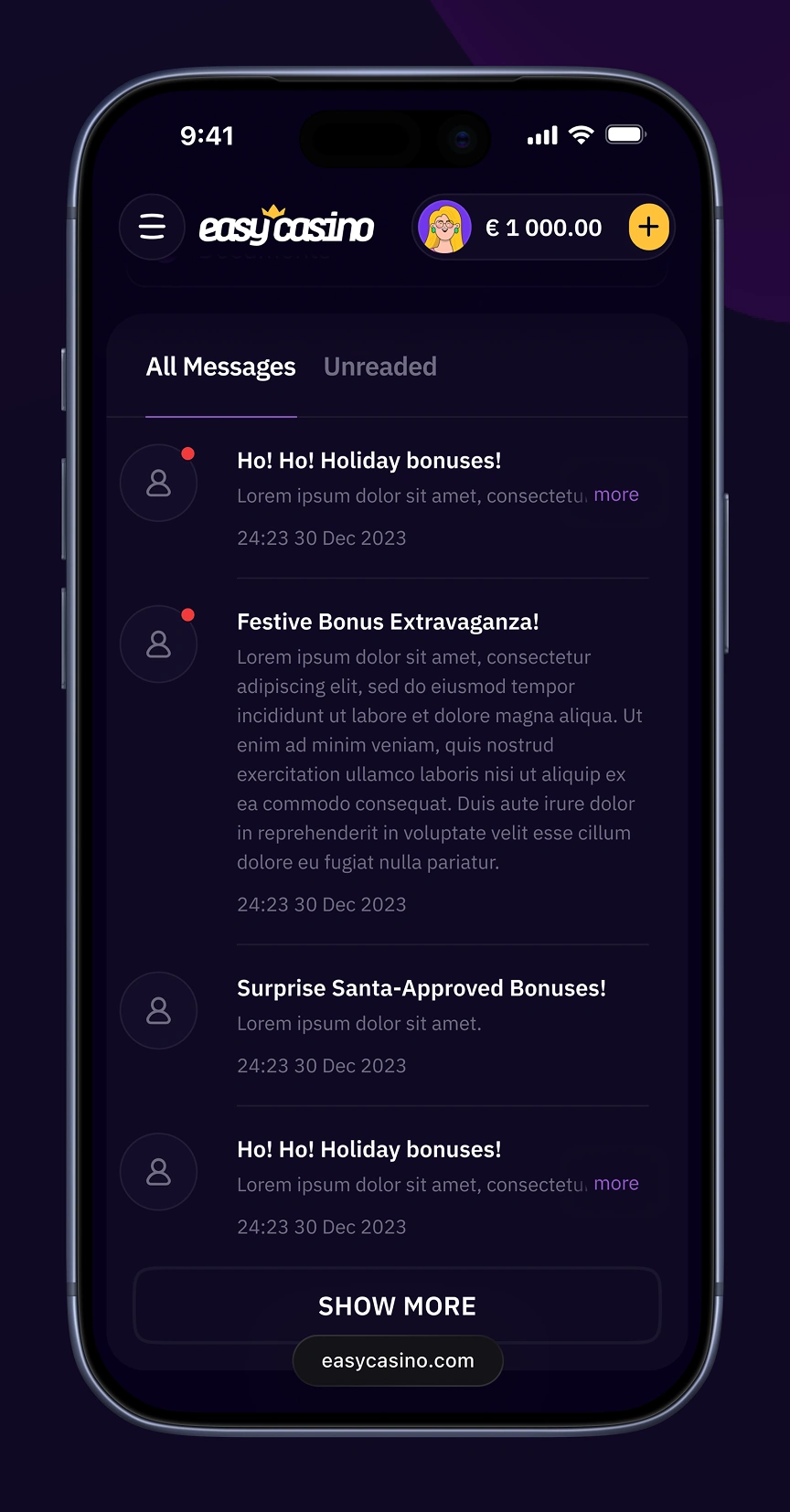 Easy Casino mobile inbox with bonus notifications and read/unread statuses.