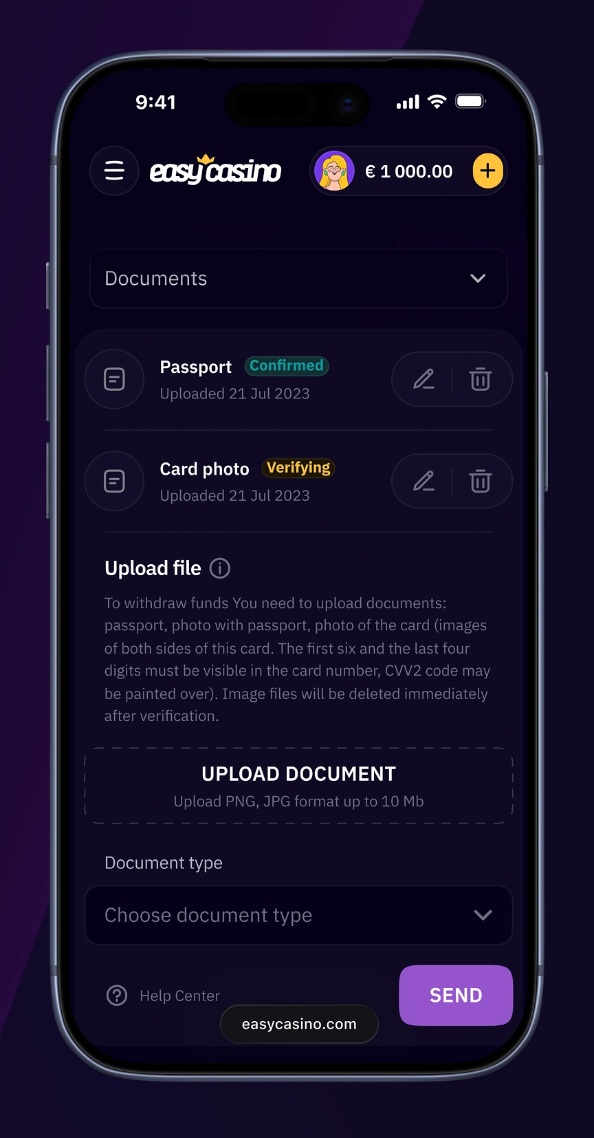 Easy Casino mobile verification screen with passport and card upload statuses.