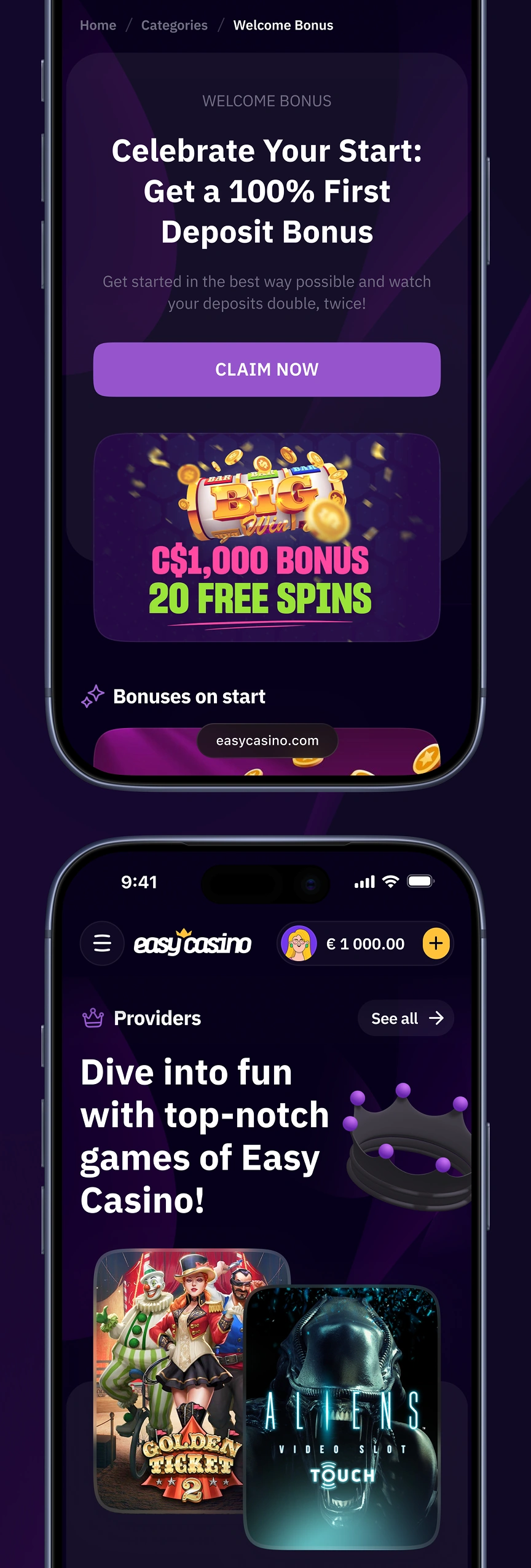 Easy Casino mobile bonus page with claim button, related bonus cards, and game providers.