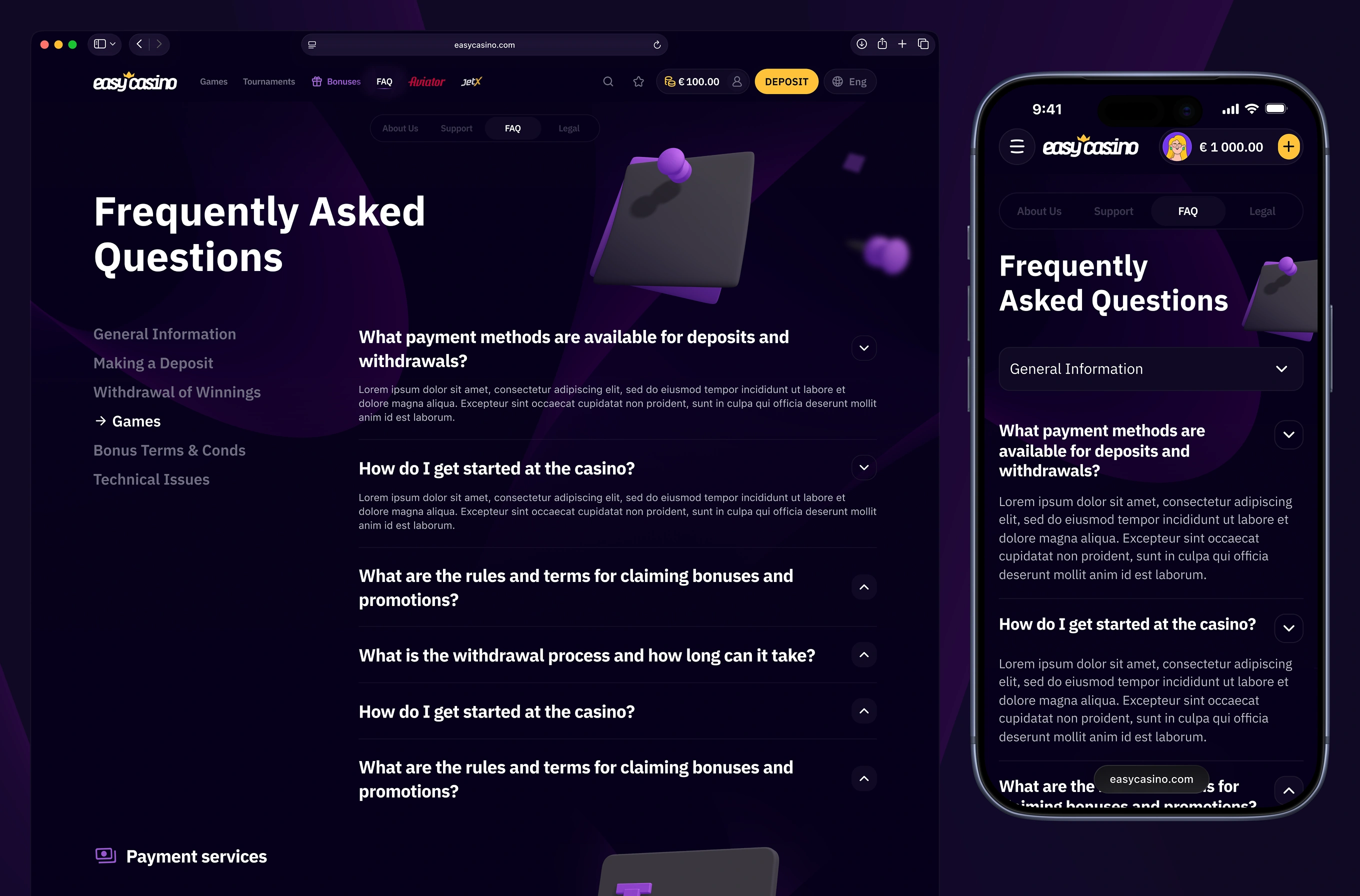 Easy Casino FAQ page with category sidebar and expandable question and answer list.