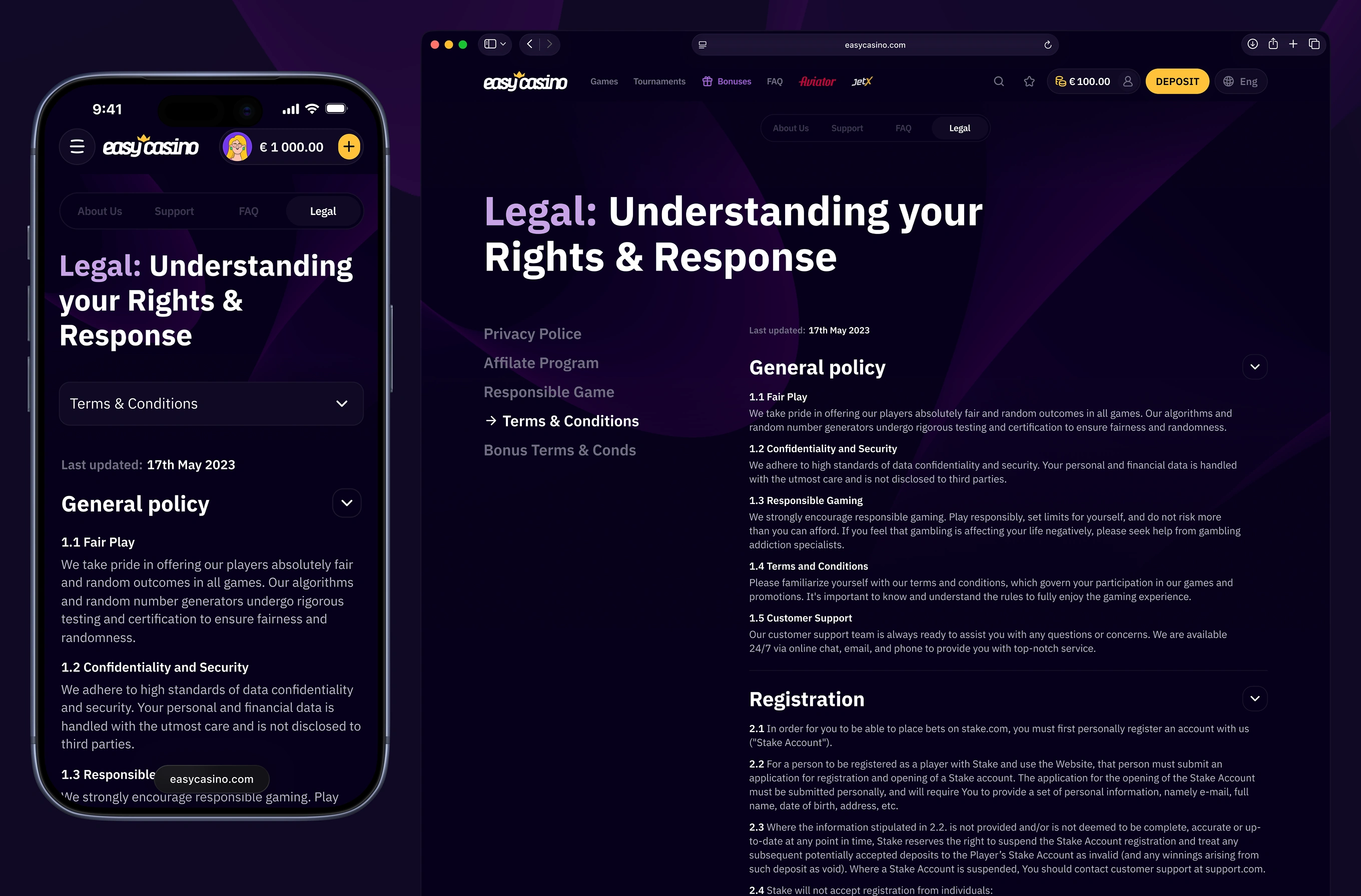 Easy Casino legal page showing terms and conditions with numbered policy sections.