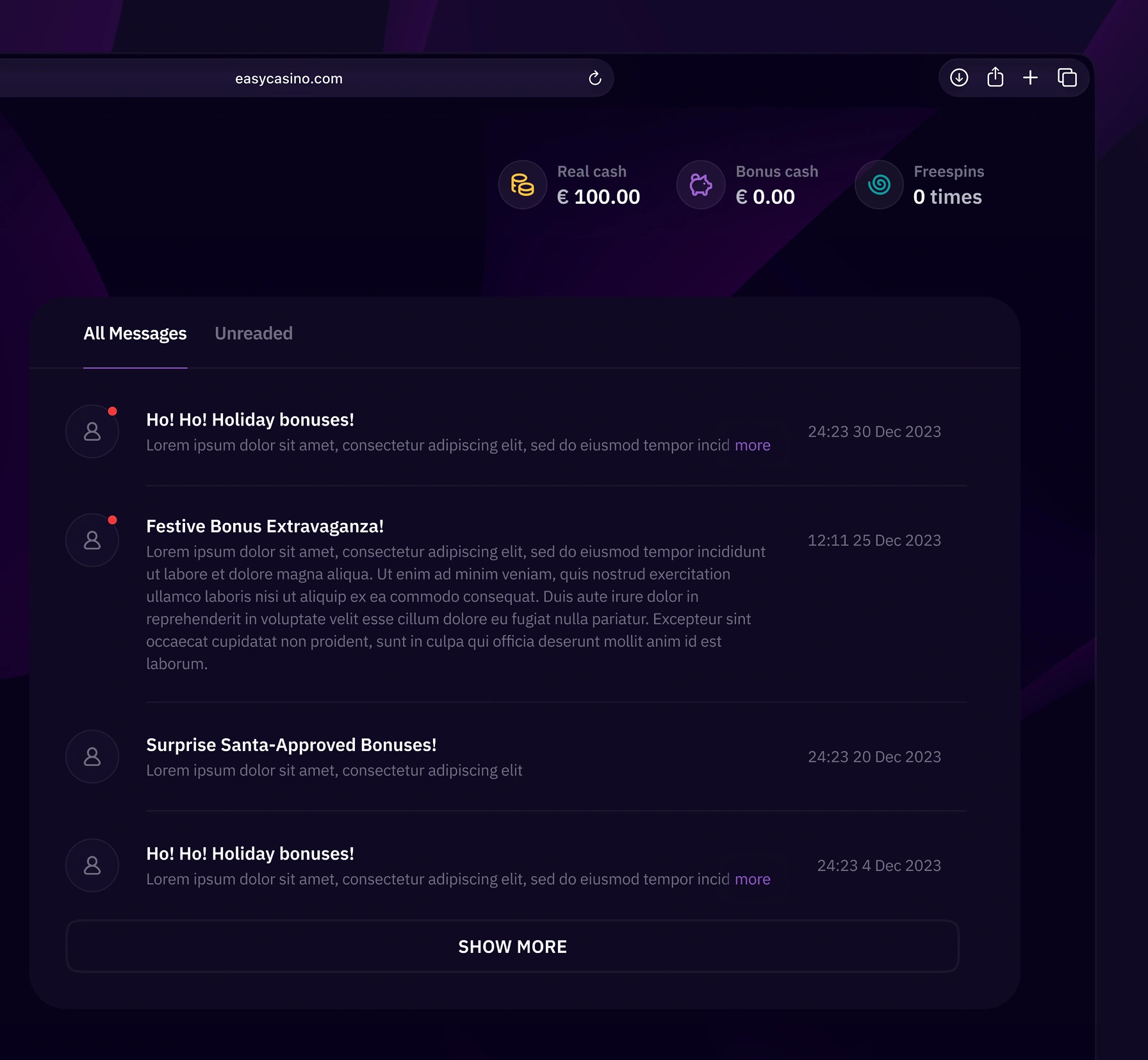 asy Casino messages inbox listing bonus notifications with read and unread status.