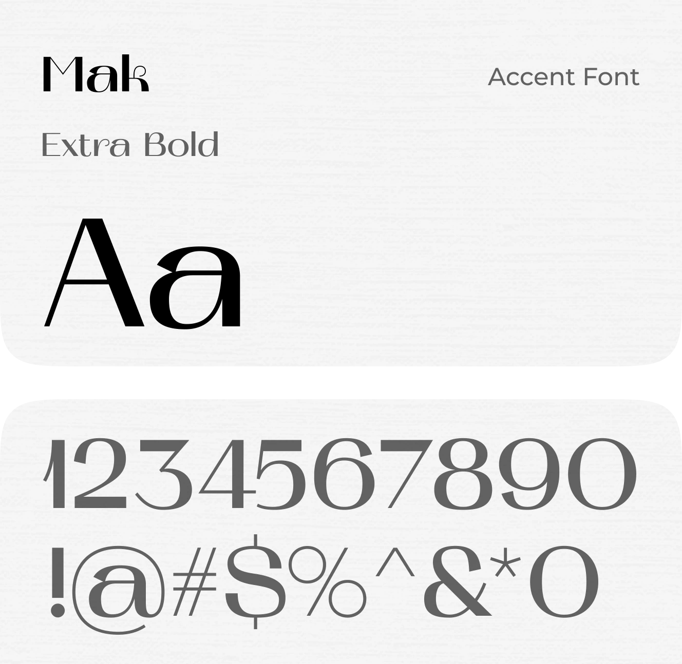 Mak accent typeface specimen with letterform, numerals, and special characters