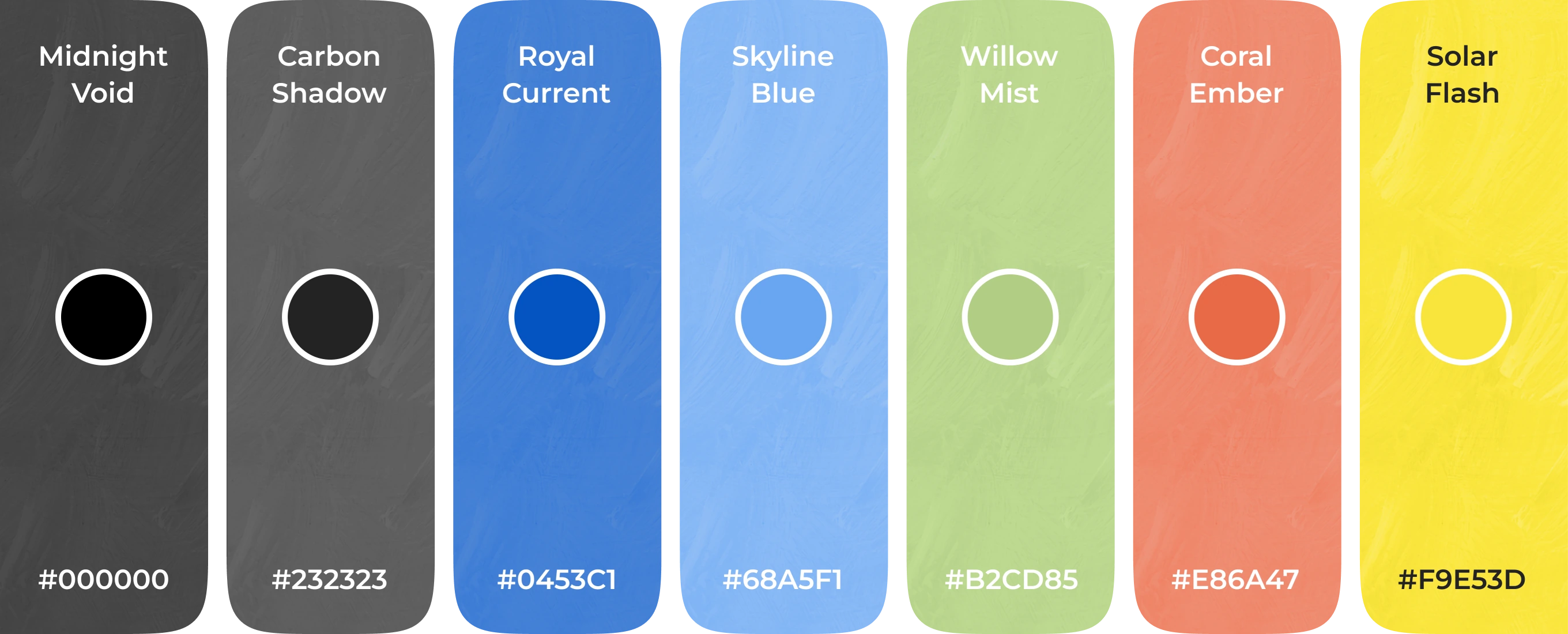 Seven named color swatches with hex codes for Prymachenko brand palette