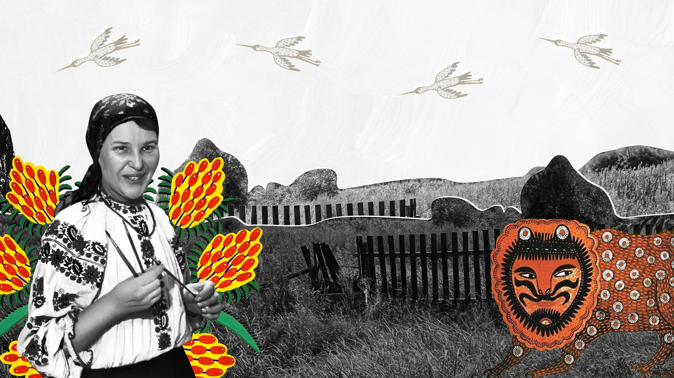 Maria Prymachenko portrait collaged with painted birds and orange spotted creature illustration