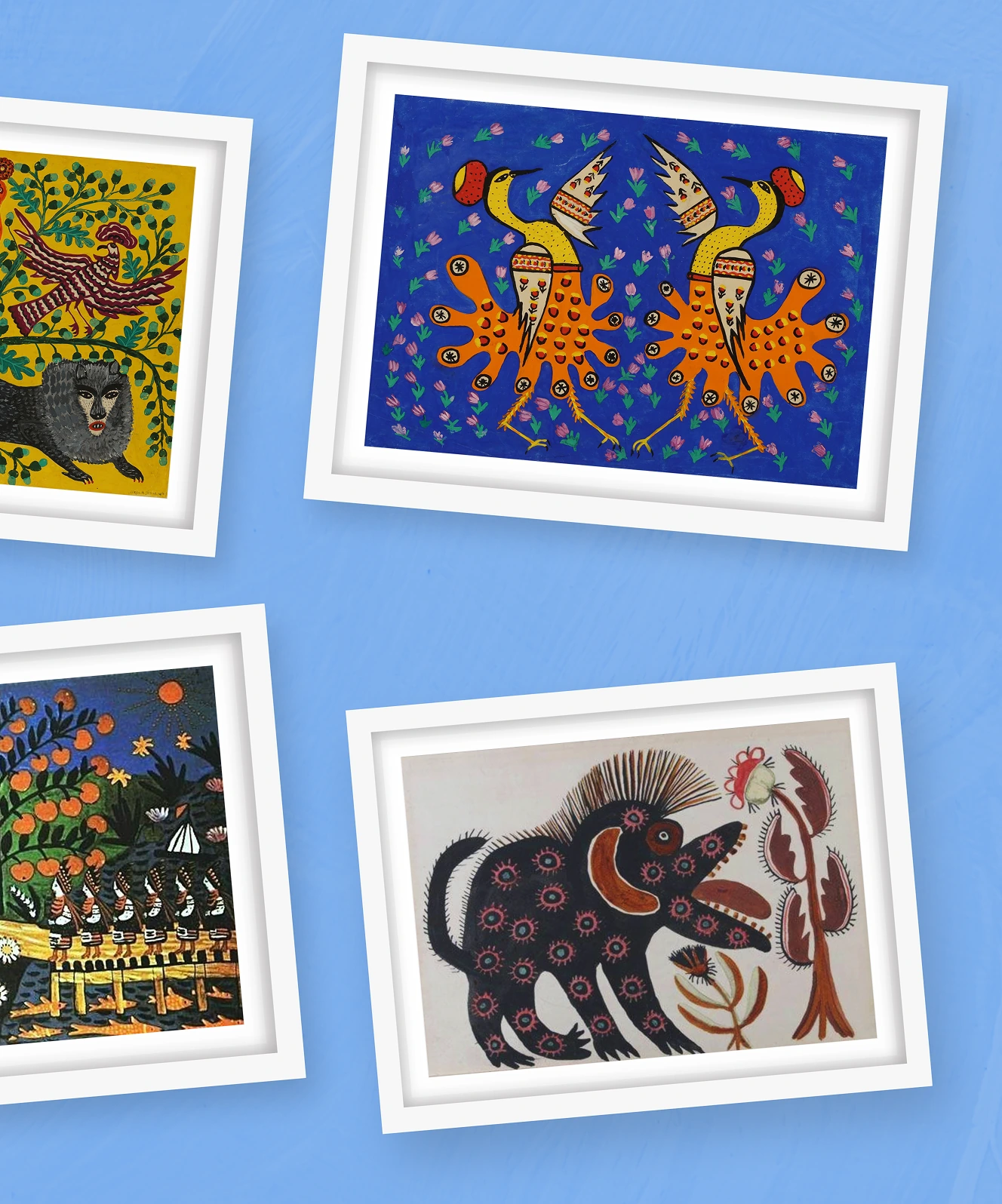 Grid of framed Maria Prymachenko paintings: bird in a tree, mirrored orange birds, spiked beast