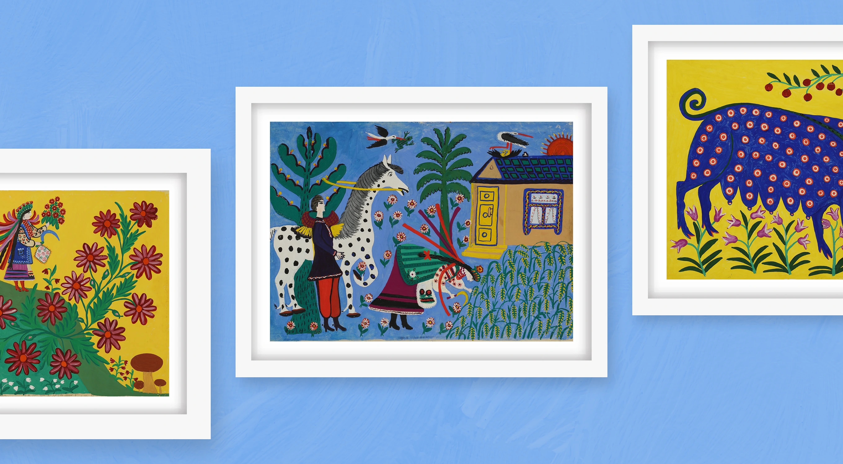 Three framed Maria Prymachenko paintings: floral bouquet, horse and farmhouse scene, spotted blue animal