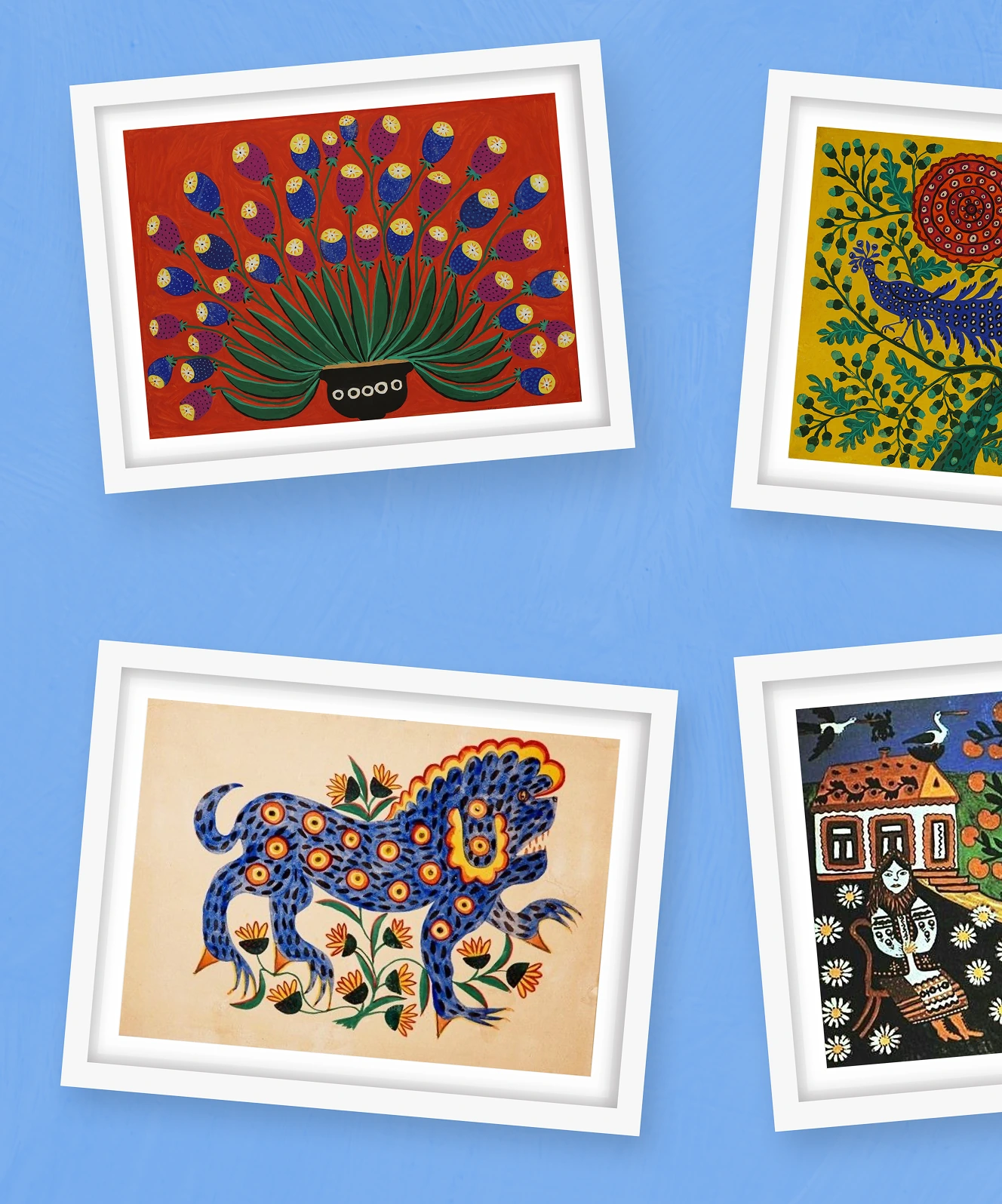 Grid of framed Maria Prymachenko paintings: red flowering plant, peacock, blue spotted lion creature