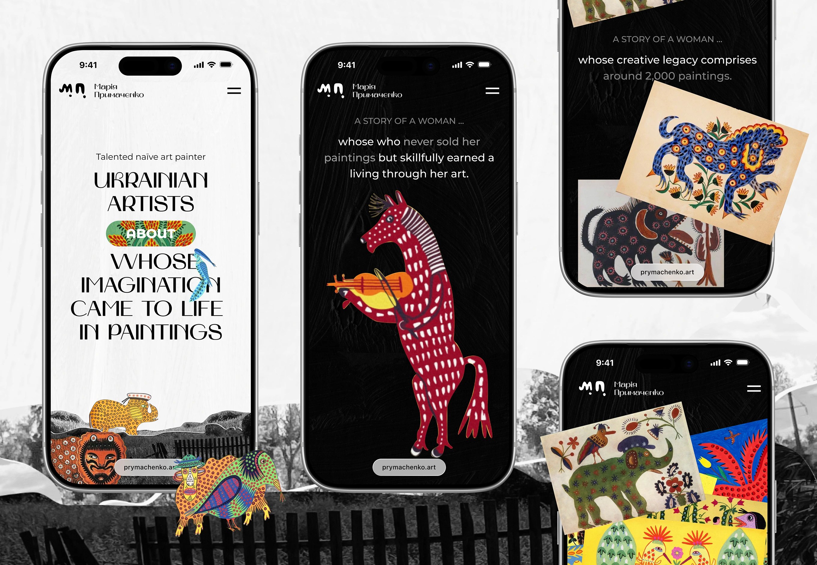 Mobile screens showing Maria Prymachenko homepage, quote, legacy stat, and painting gallery cards