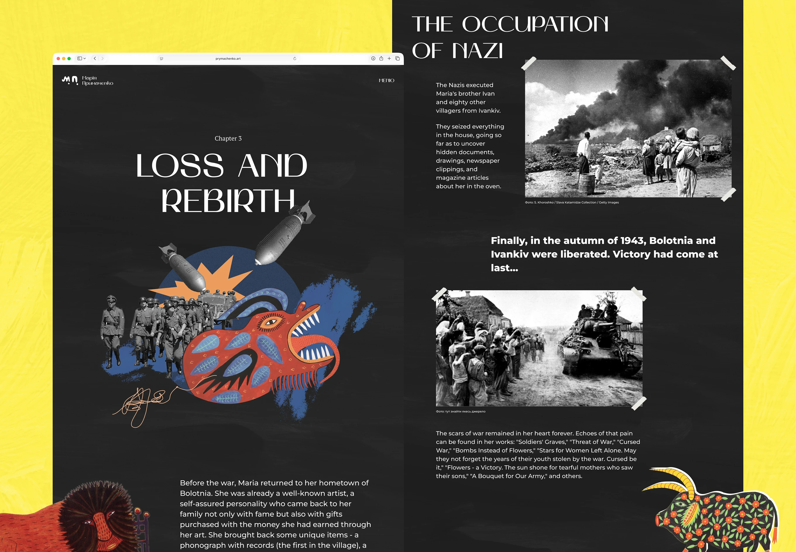 Desktop screen with Loss and Rebirth chapter title and Nazi occupation narrative for Maria Prymachenko