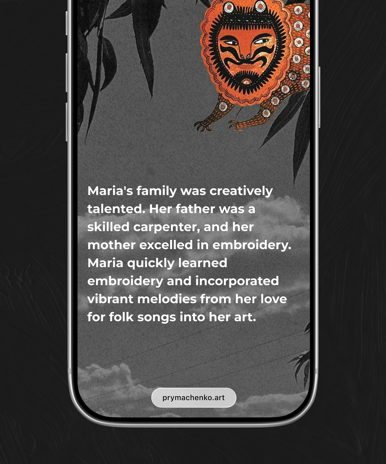 Mobile screen describing Maria Prymachenko's family background beside orange folk creature illustration