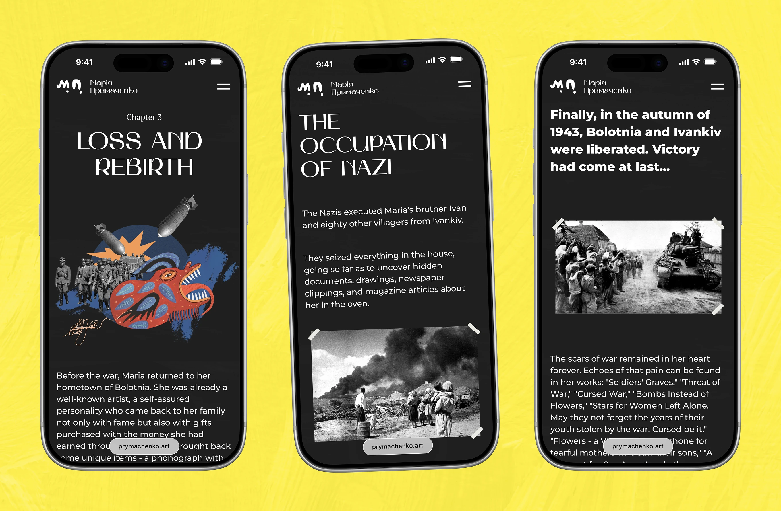 Mobile screens covering Chapter 3, Loss and Rebirth: Maria Prymachenko's wartime narrative and its aftermath