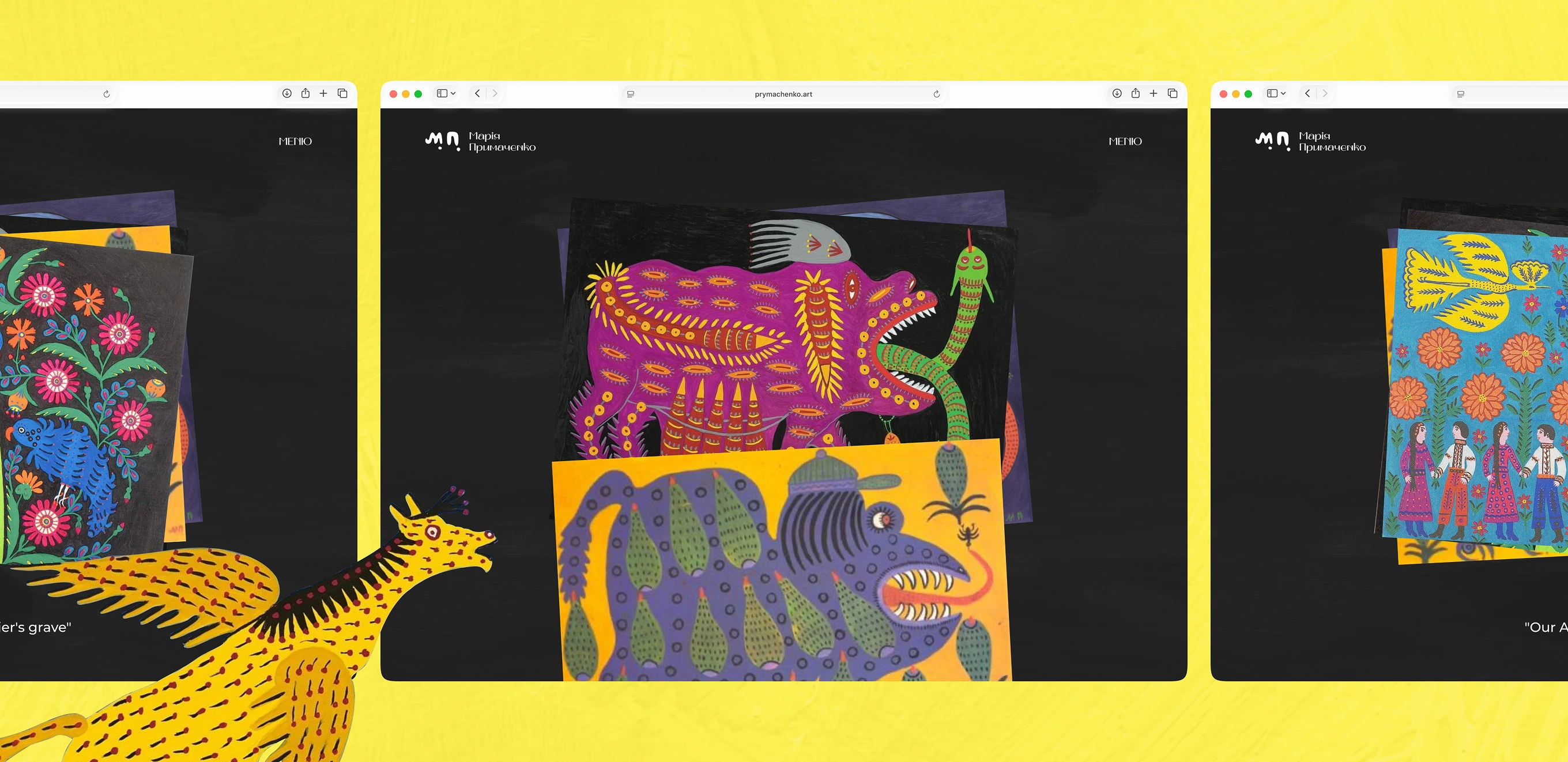 Desktop gallery of Maria Prymachenko's wartime-themed paintings on a dark background, with folk creatures