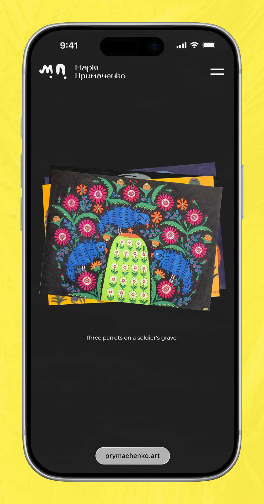 Mobile screen showing painting "Three Parrots on a Soldier's Grave" by Maria Prymachenko