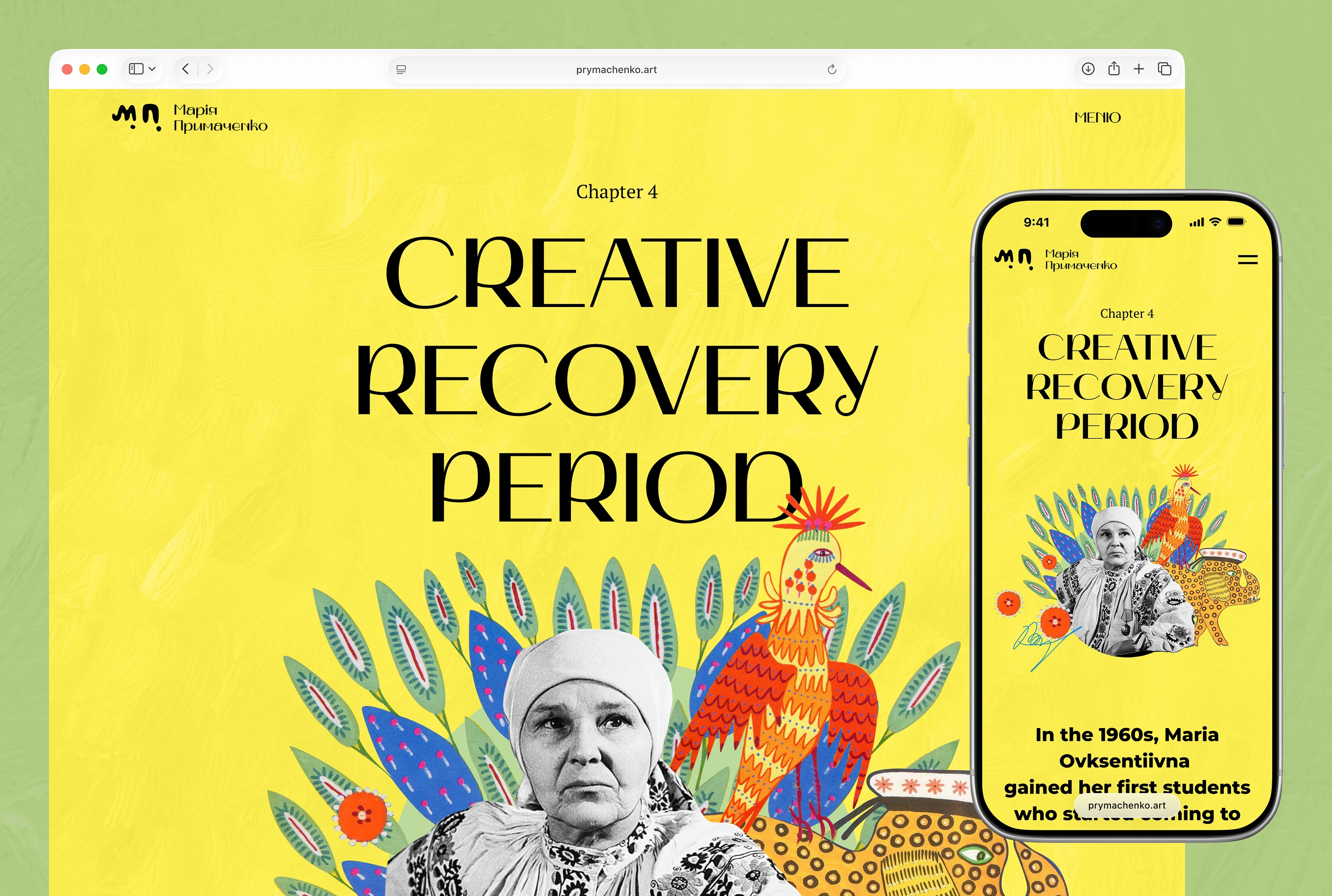 Chapter 4 title screen Creative Recovery Period with archival portrait of Maria Prymachenko