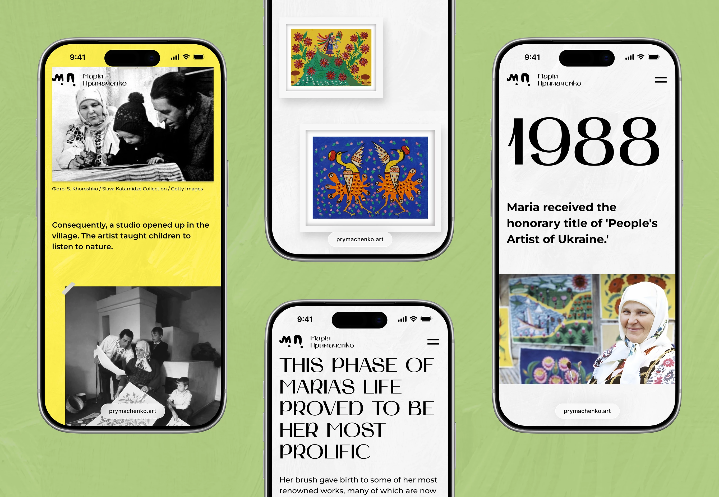 Mobile screens on Maria Prymachenko's teaching studio, gallery, and 1988 People's Artist title