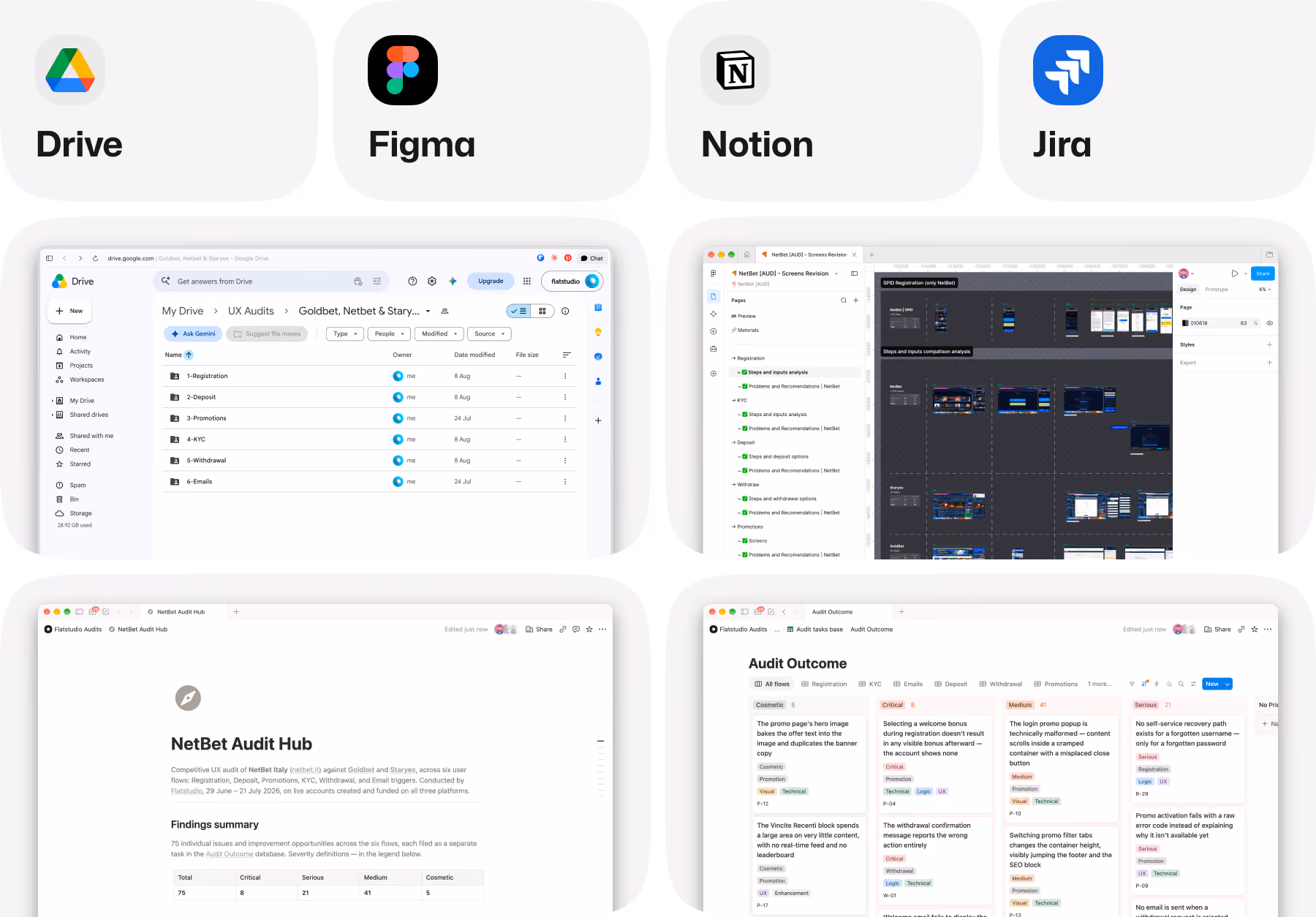Deliverables: Drive recordings, Figma boards, Notion hub, Jira-ready tasks