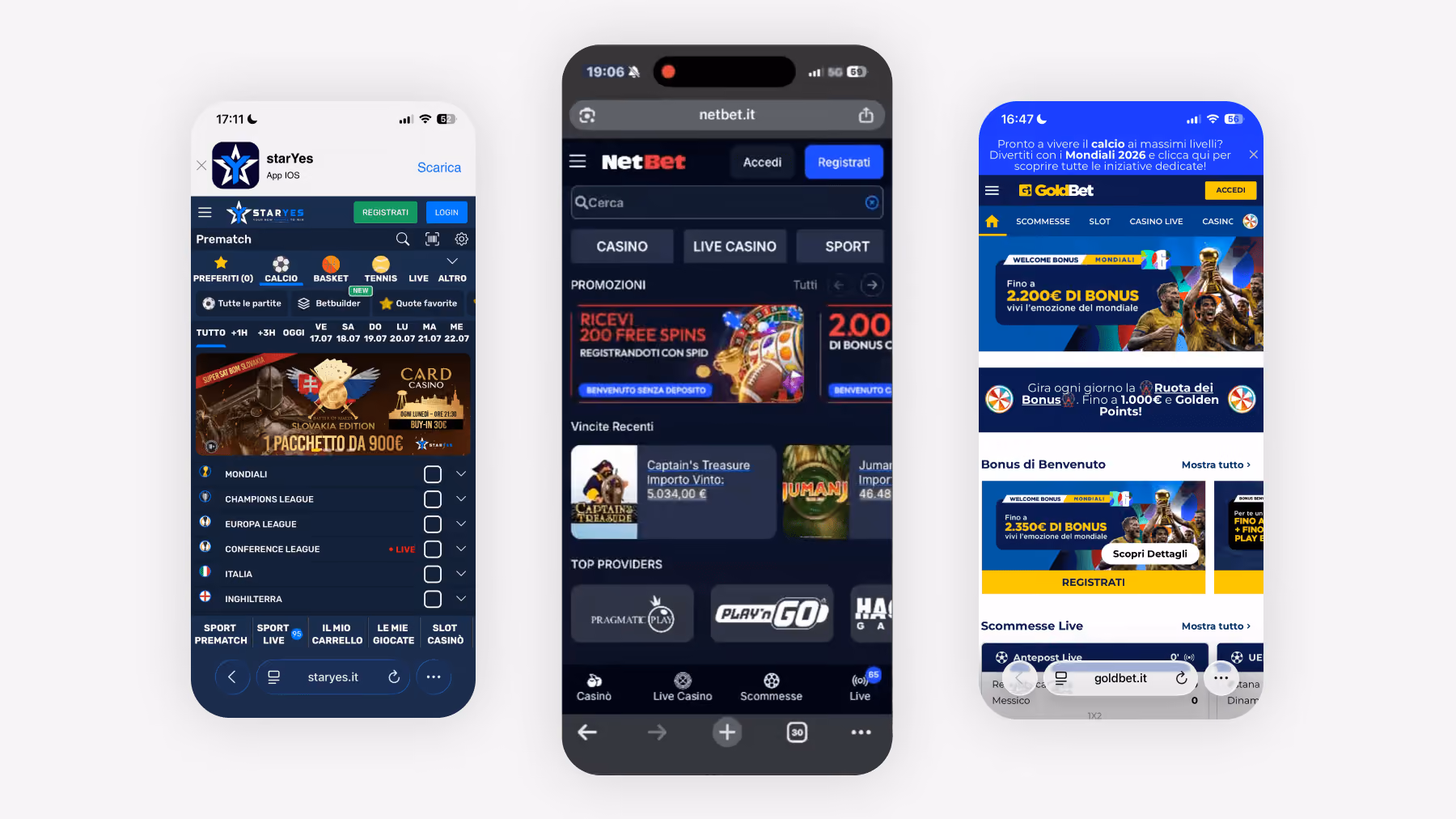 Staryes, NetBet and Goldbet mobile home screens side by side