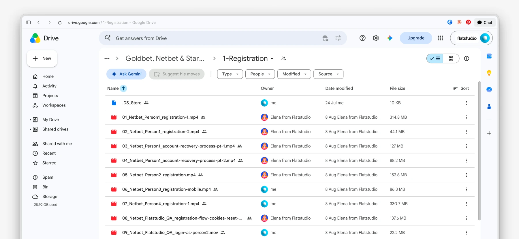 Google Drive folder with session recordings named by flow and persona