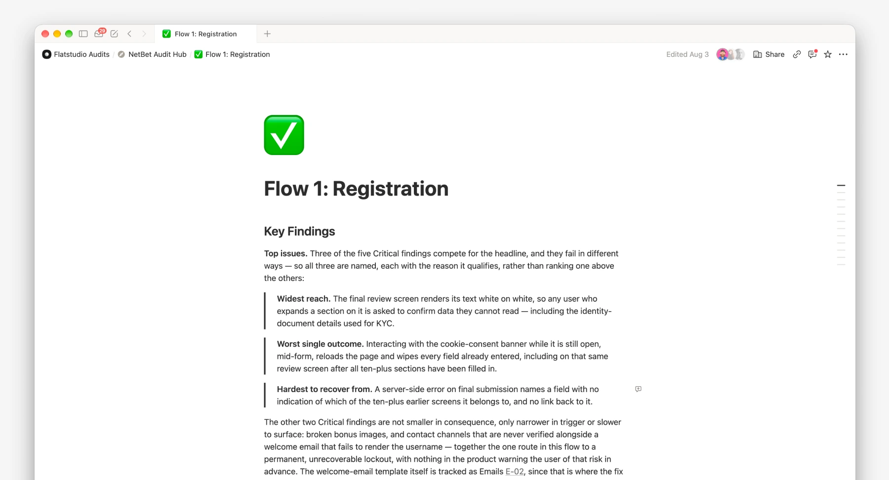 NetBet Audit Hub — Registration key findings