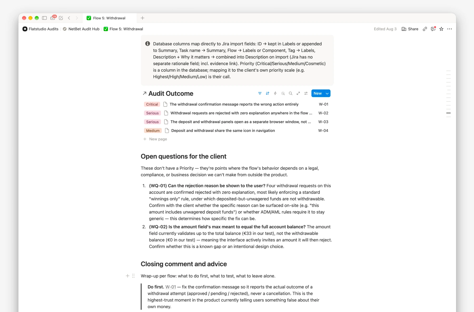 NetBet Audit Hub withdrawal page with tasks and open questions
