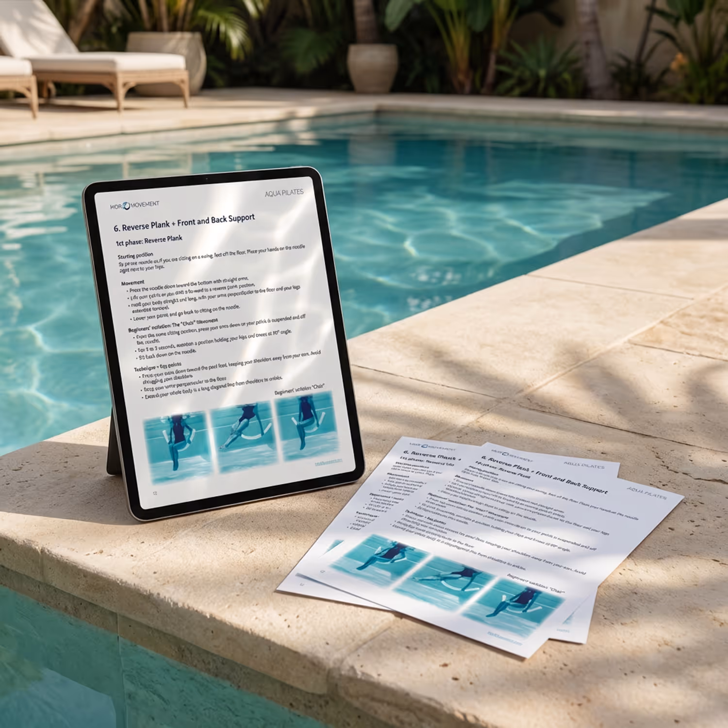 Aqua workout guide displayed on a tablet by the pool with printable water exercise pages.