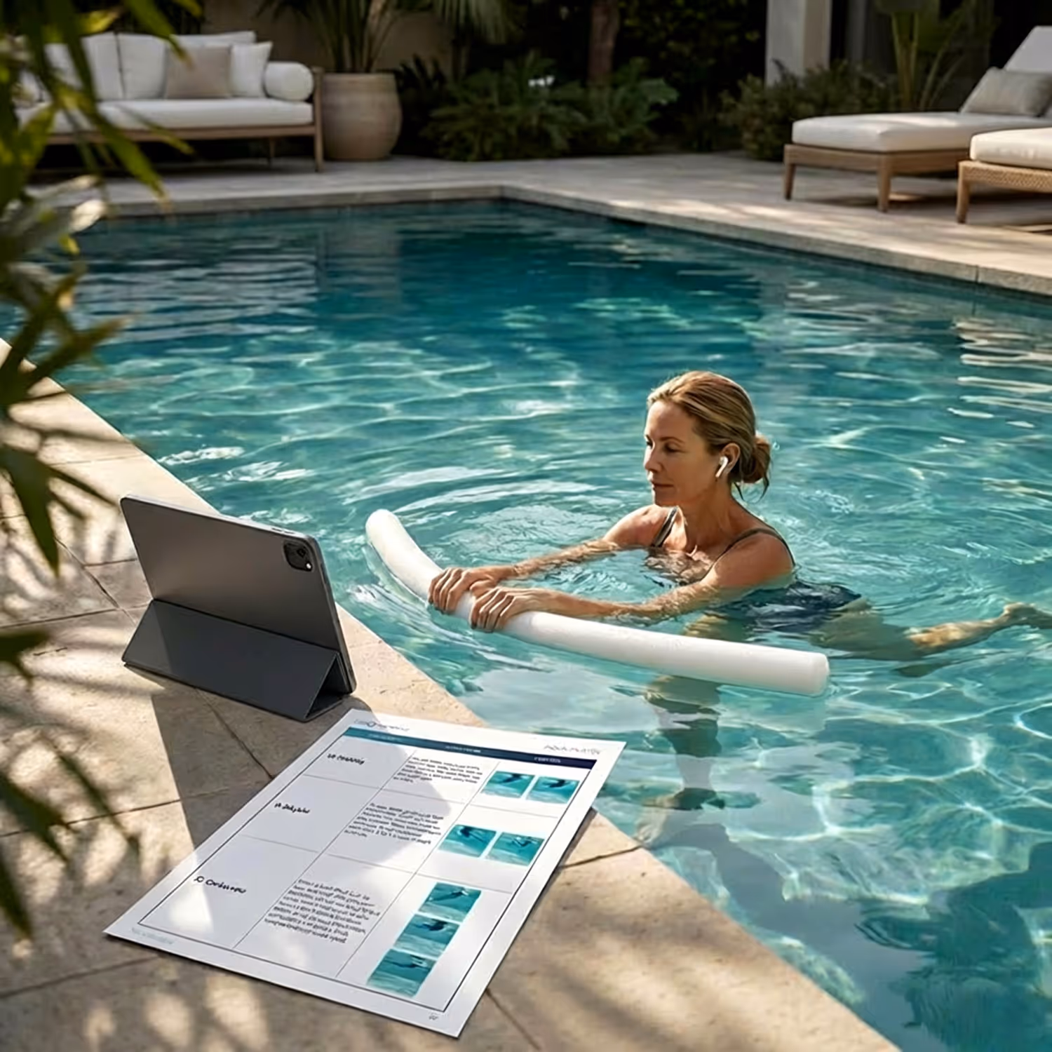 Woman following an aqua workout on a tablet while exercising in the pool with a pool noodle.