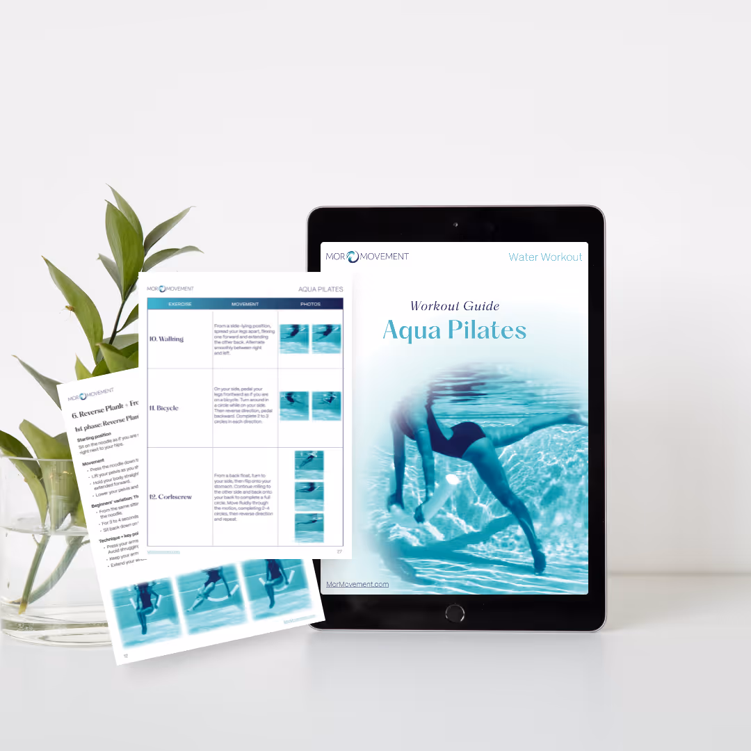 Mor Movement Aqua Pilates workout guide displayed on a tablet with printable pool exercise pages.