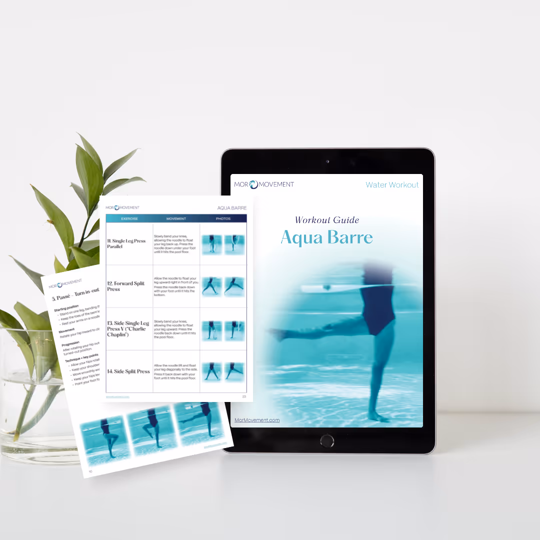 Mor Movement Aqua Barre workout guide on a tablet with printable water barre exercise pages.