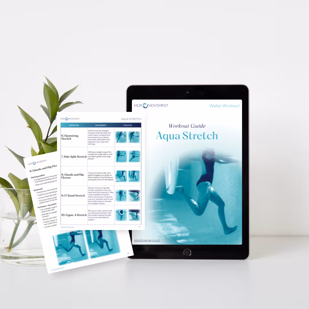 Mor Movement Aqua Stretch workout guide displayed on a tablet with printable pool stretching exercises.