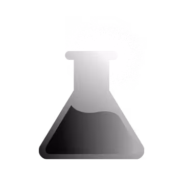 Gray laboratory flask with dark liquid inside and bubbles rising, casting a subtle glow.