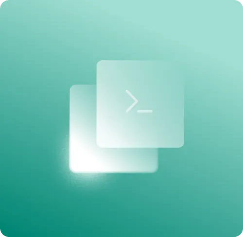 Two overlapping translucent squares on a teal gradient background, one displaying a terminal command prompt icon.