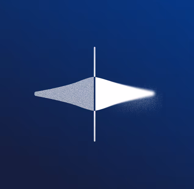 Abstract symmetrical shape divided by a vertical line, with the left side textured gray and tapering off, and the right side solid white with a glowing effect on a blue background.