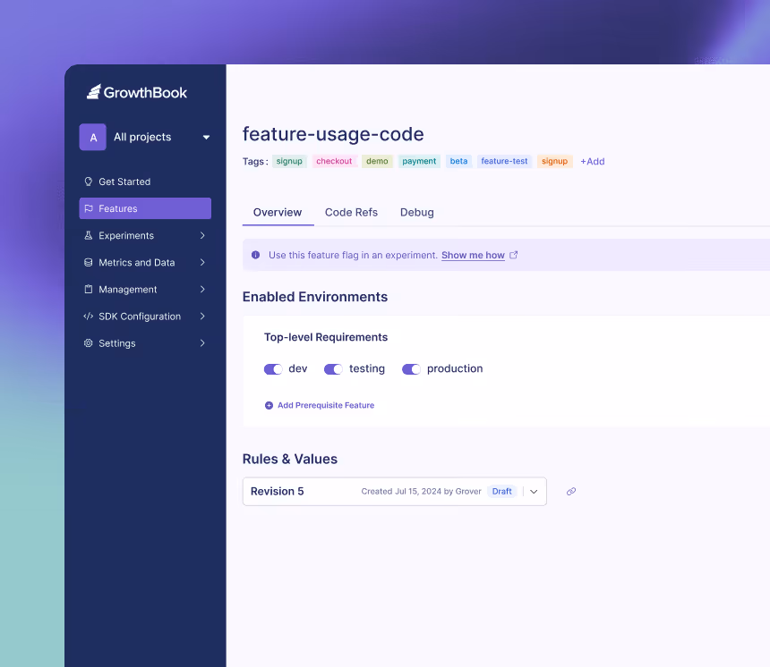 GrowthBook platform interface showing feature-usage-code with tags, enabled environments toggles for dev, testing, production, and revision details.