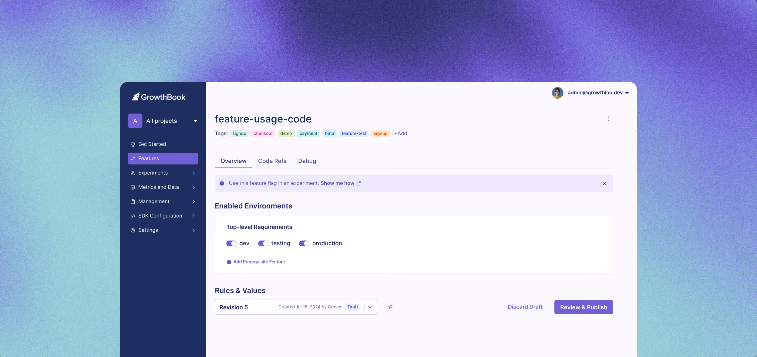 GrowthBook dashboard showing a feature flag named feature-usage-code with tags, enabled environments toggles for dev, testing, and production, and options to discard draft or review and publish.