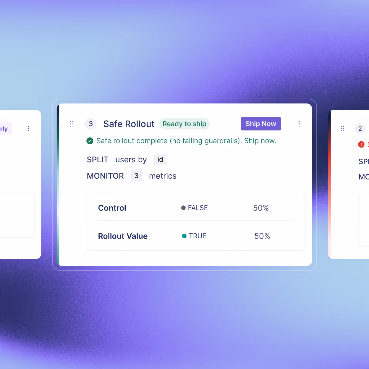 Feature flag interface showing Safe Rollout with users split by ID and monitored metrics; control group FALSE 50%, rollout value TRUE 50%, and option to Ship Now.
