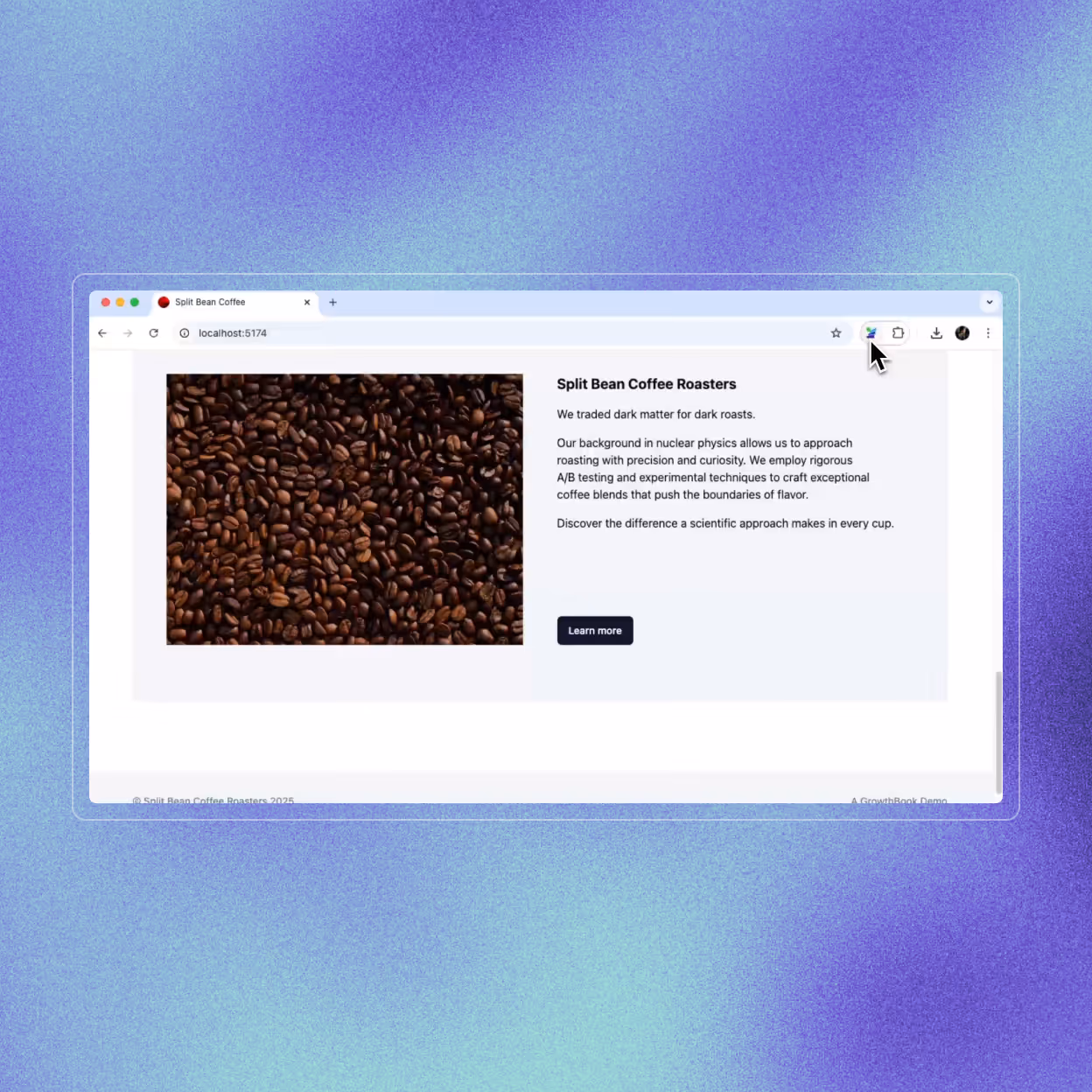 Website page showing Split Bean Coffee Roasters with a close-up image of coffee beans and a description of their precise, scientific approach to roasting.