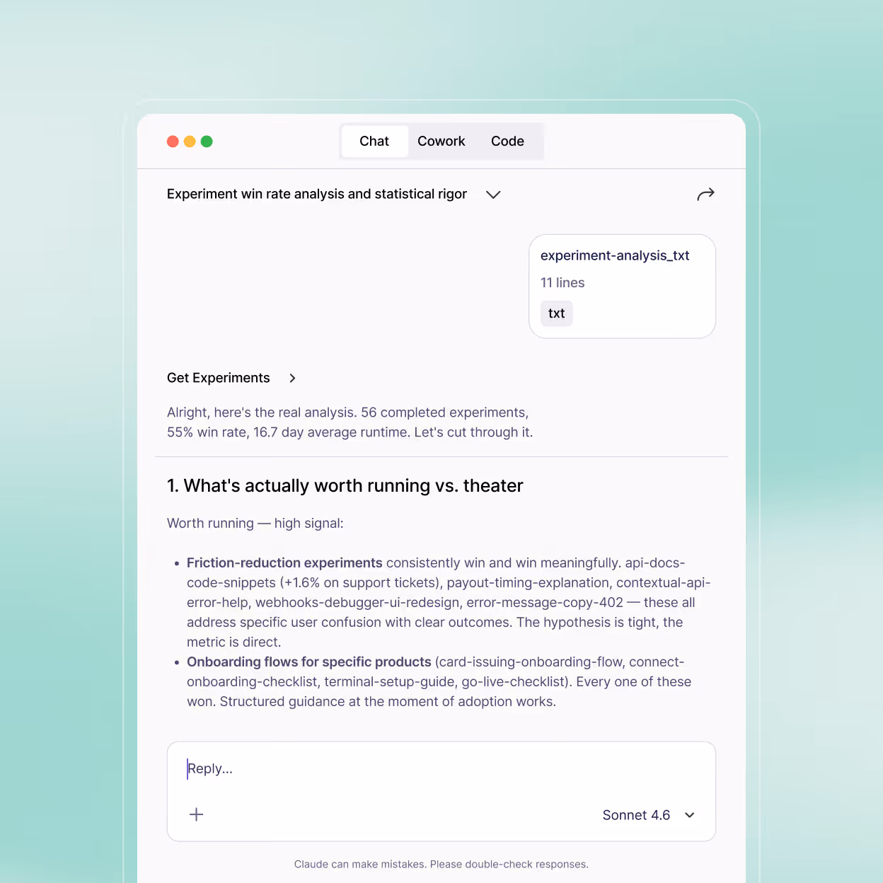 Chat interface showing analysis of 56 completed experiments with 55% win rate and 16.7 day average runtime, highlighting friction-reduction experiments and onboarding flows.