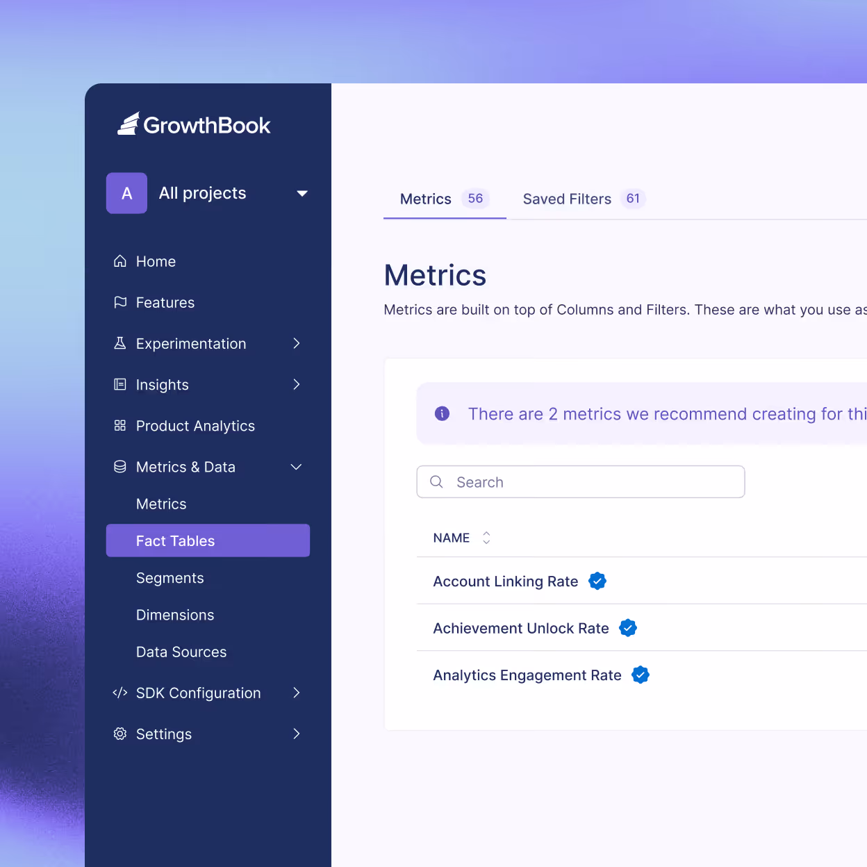 Dashboard interface of GrowthBook software showing Metrics tab with Account Linking Rate, Achievement Unlock Rate, and Analytics Engagement Rate metrics listed.