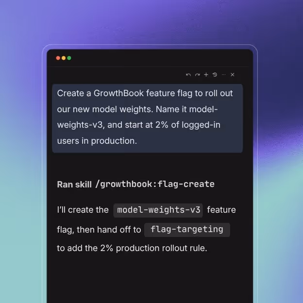 AI agent window connected to GrowthBook MCP server, showing feature flag setup prompt